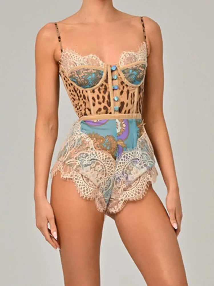Leopard Patchwork Lace Jumpsuit With Spaghetti Straps