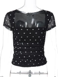 Dot Print Square Neck Mesh Tee