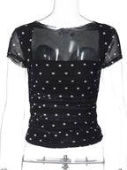Dot Print Square Neck Mesh Tee