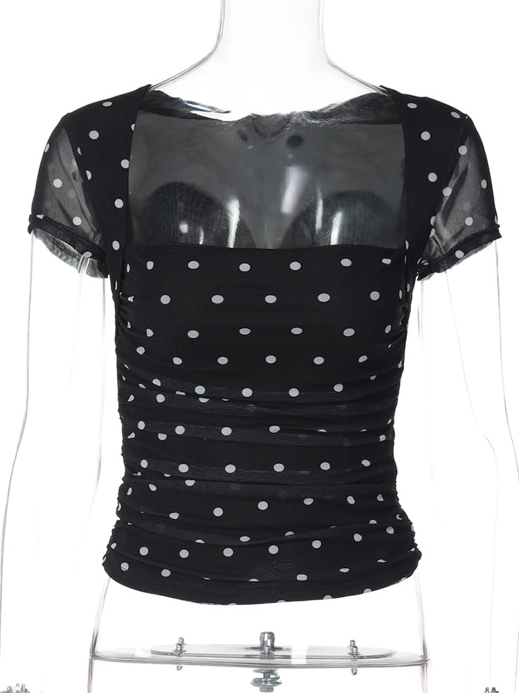 Dot Print Square Neck Mesh Tee