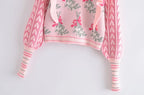 Front Wood Ears Ruffles Jacquard Cropped Sweater Vintage O neck Puff Sleeve Pullovers Short Jumper Knitwear