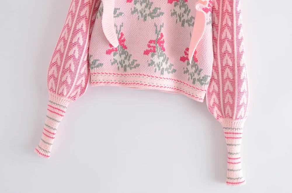 Front Wood Ears Ruffles Jacquard Cropped Sweater Vintage O neck Puff Sleeve Pullovers Short Jumper Knitwear