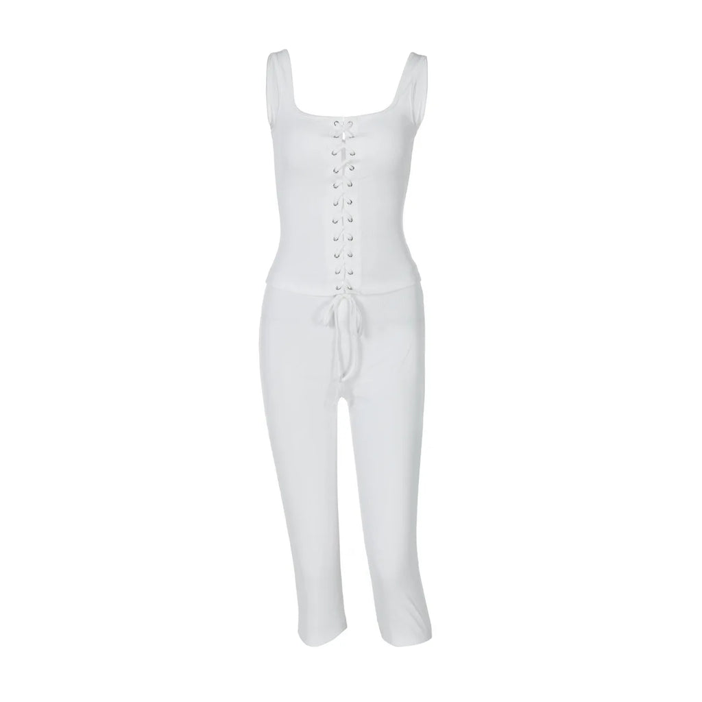 Two Piece Set For Women Sleeveless Tie Front Tank Top And Capri Pants