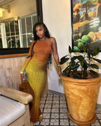 Long Maxi Dress With Skew Collar Full Sleeves Mesh See Through