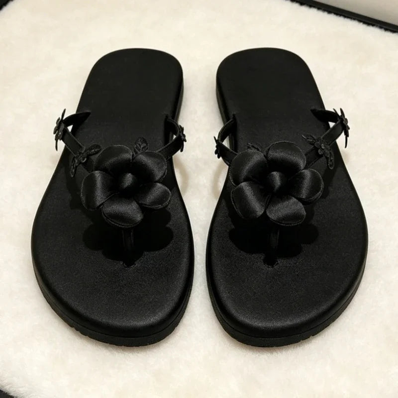 Pink Satin Flower Decorated Flip Flops For Women Comfortable Split Toe Sandals