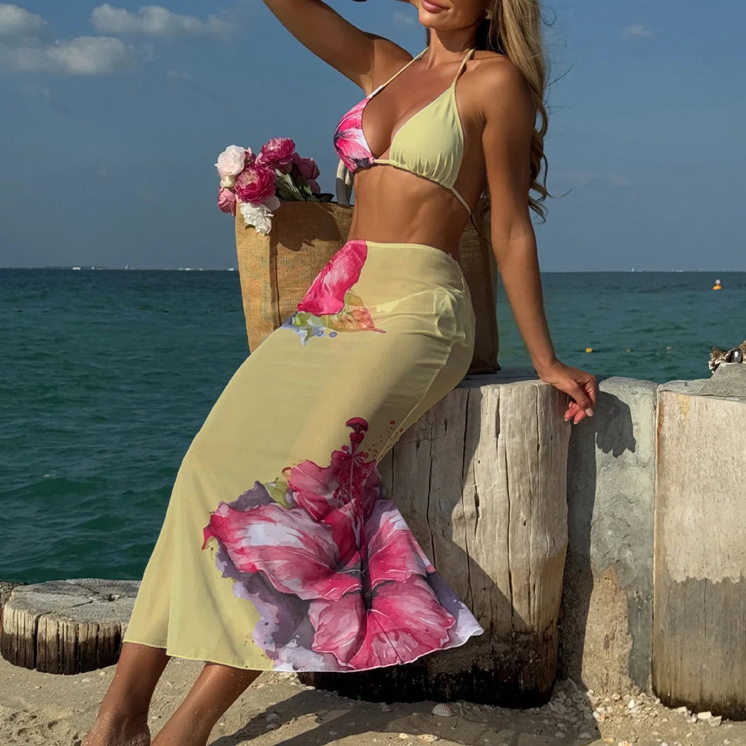 Flowers Printed With Skirt Halter Bikini Three-pieces Bikini set