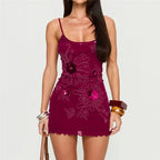 Sequin Floral Bodycon Mini Dress With Spaghetti Straps Patchwork Lace And Ruffled Hem