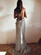 Backless Dot Print Floral Maxi With Spaghetti Straps