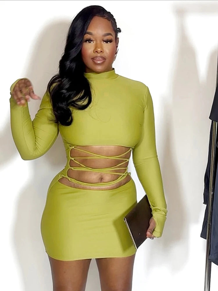 Hollow Out Bandage Mini Dress With High Collar And Long Sleeves