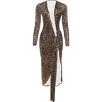 Leopard Print Ruched Deep V Neck Dress With Ribbon Tie And High Split