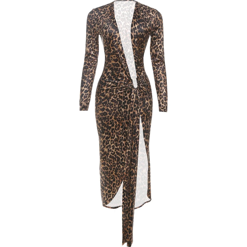 Leopard Print Ruched Deep V Neck Dress With Ribbon Tie And High Split