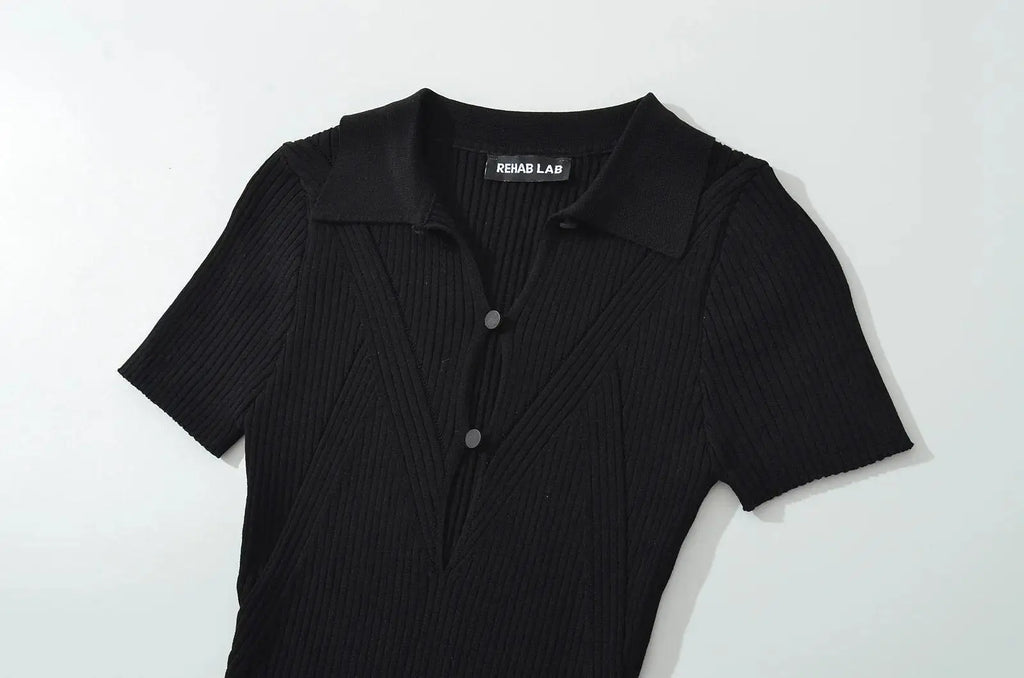 Knit Turn Down Collar Pullover For Women Slim Stretch Short Sleeve Top