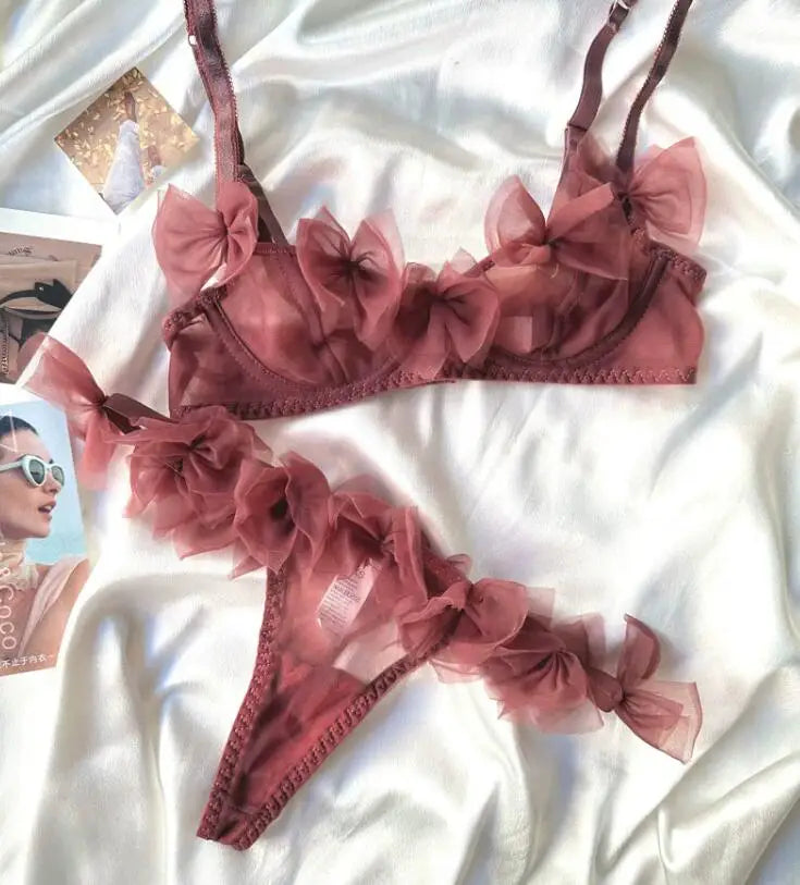 Flowery Sexy Mesh Lingerie Thong Set Hot Flirt Half Cup Ultra-thin Bra