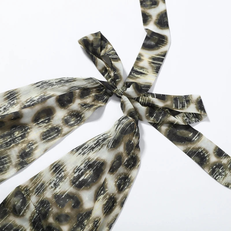 Leopard Print Halter Mini Dress With V Neck Backless Silhouette Sleek Bodycon