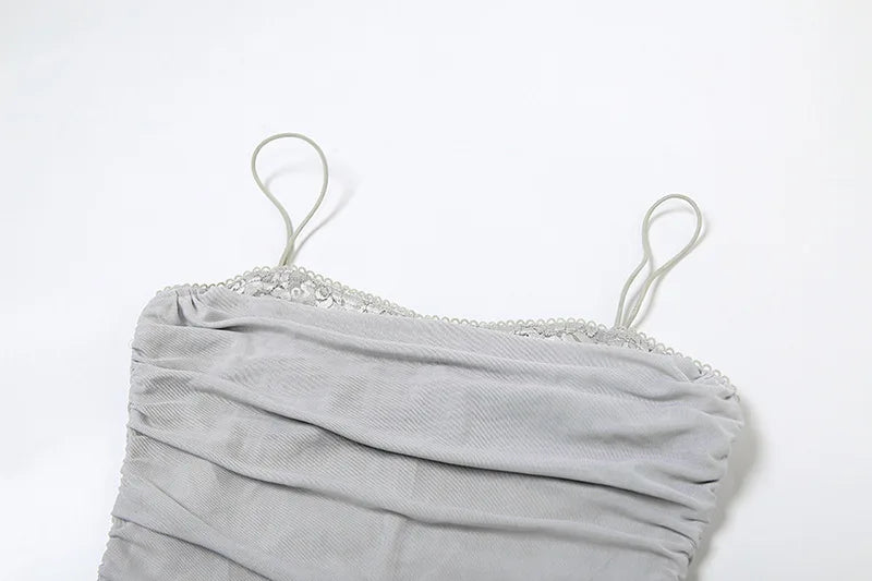 Elegant Maxi Spaghetti Strap Party Dress With Netting Waist-Hugging Fit