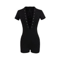 Sexy Lace Up Front Short Sleeve Playsuit In Knit Fabric Flirty One Piece Romper