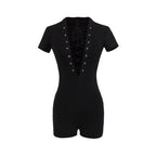 Sexy Lace Up Front Short Sleeve Playsuit In Knit Fabric Flirty One Piece Romper