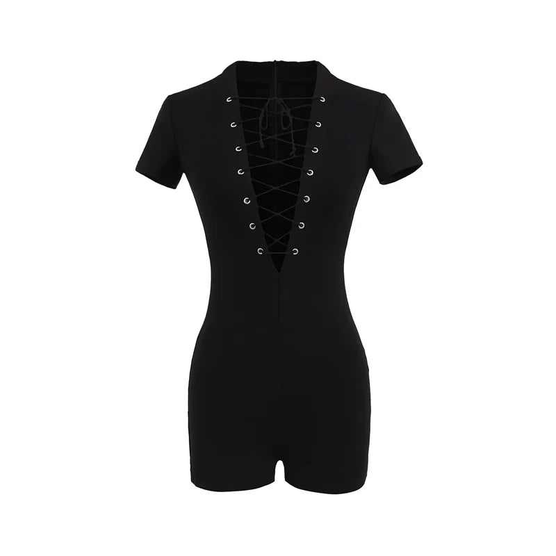 Sexy Lace Up Front Short Sleeve Playsuit In Knit Fabric Flirty One Piece Romper