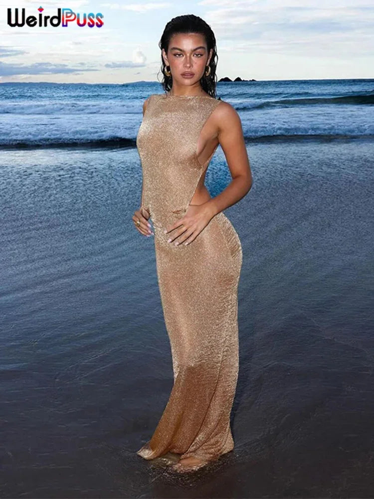 See Through Glitter Backless Dress l