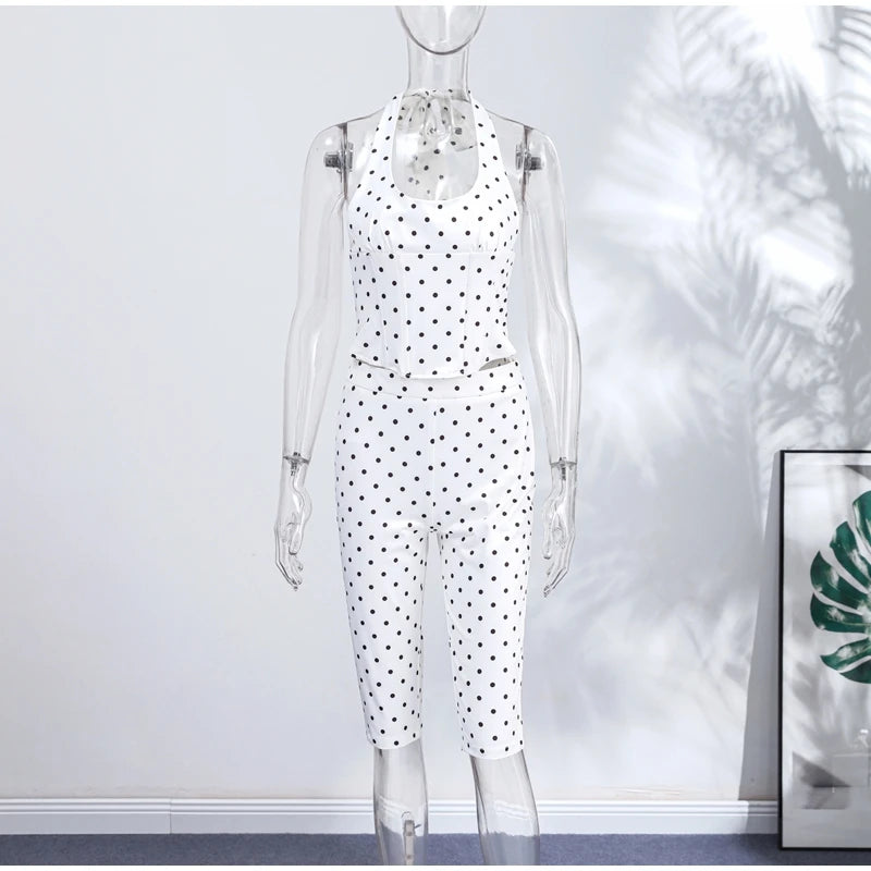 Chic Polka Dot Two Piece Set With Halter Lace Up Corset Top And Cropped Pants Y2K Inspired Outfit