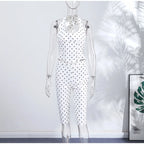 Chic Polka Dot Two Piece Set With Halter Lace Up Corset Top And Cropped Pants Y2K Inspired Outfit