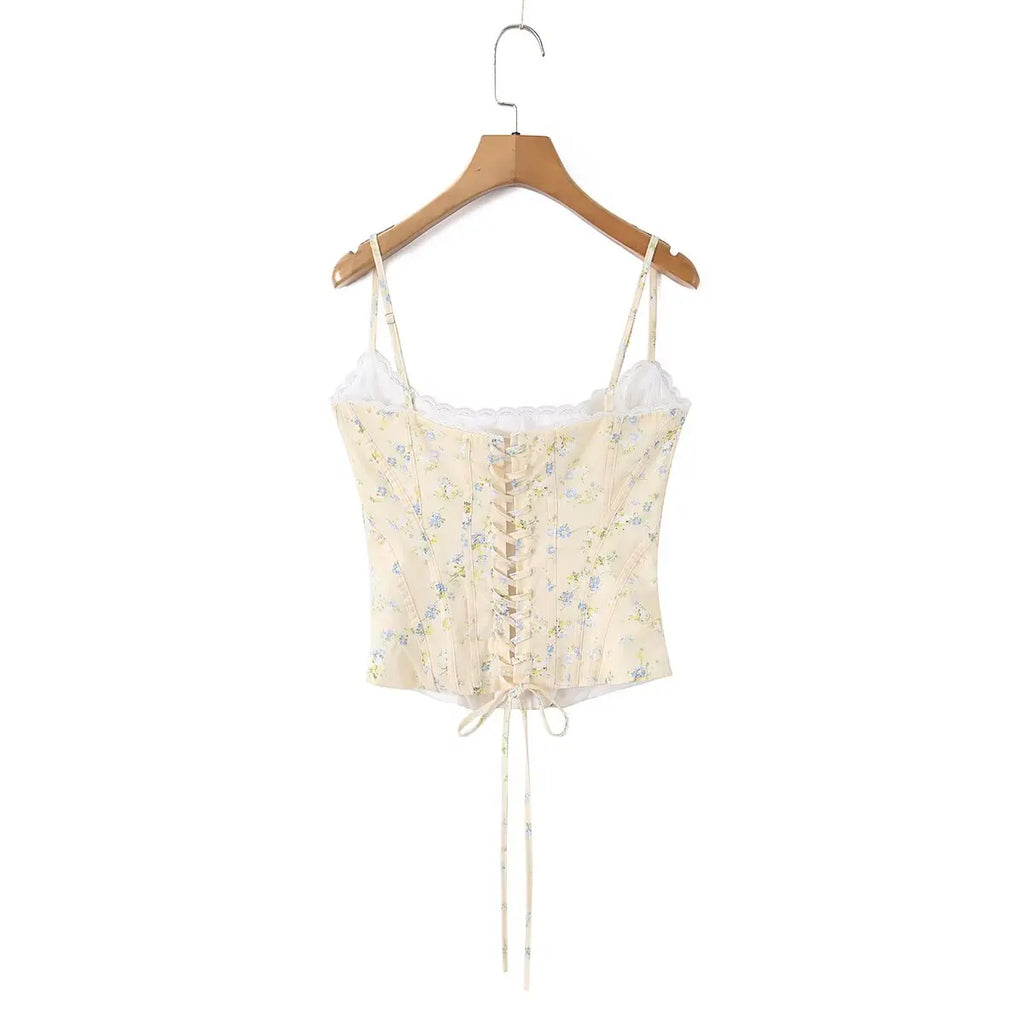 Sunlit Yellow Floral Corset Top With Lace Trim And Delicate Spaghetti Straps