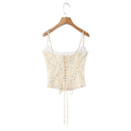 Sunlit Yellow Floral Corset Top With Lace Trim And Delicate Spaghetti Straps