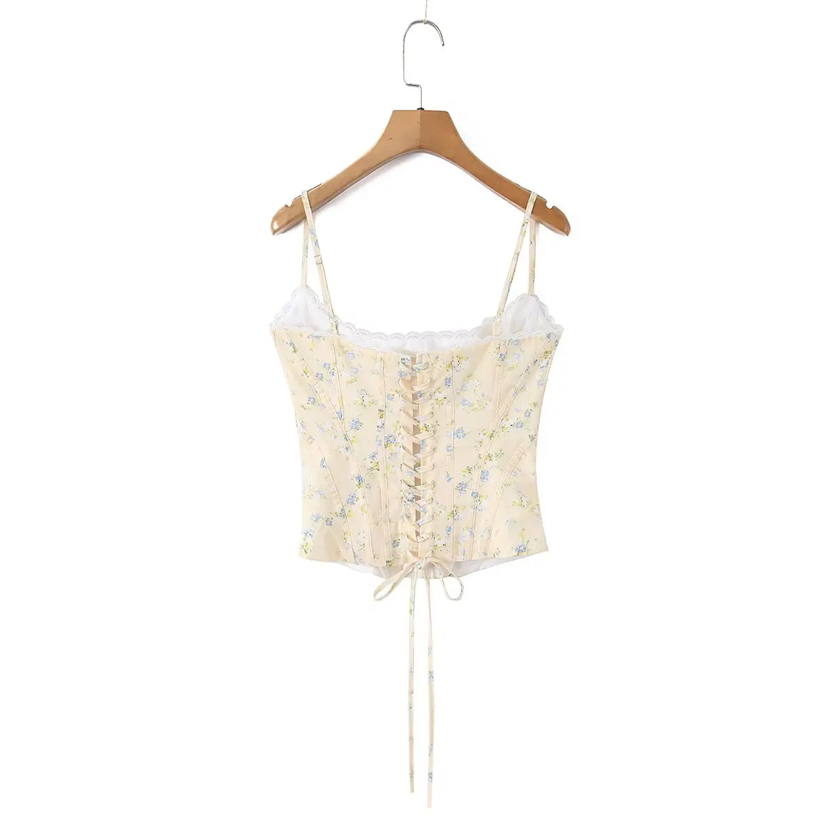 Sunlit Yellow Floral Corset Top With Lace Trim And Delicate Spaghetti Straps