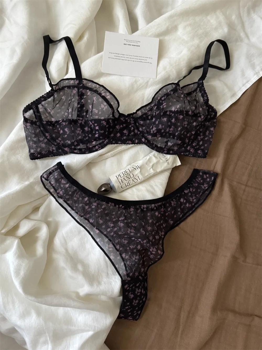 French Ultra Thin Lace Floral Lingerie Set With Plunge Mesh Bra And Matching Thong