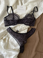 French Ultra Thin Lace Floral Lingerie Set With Plunge Mesh Bra And Matching Thong