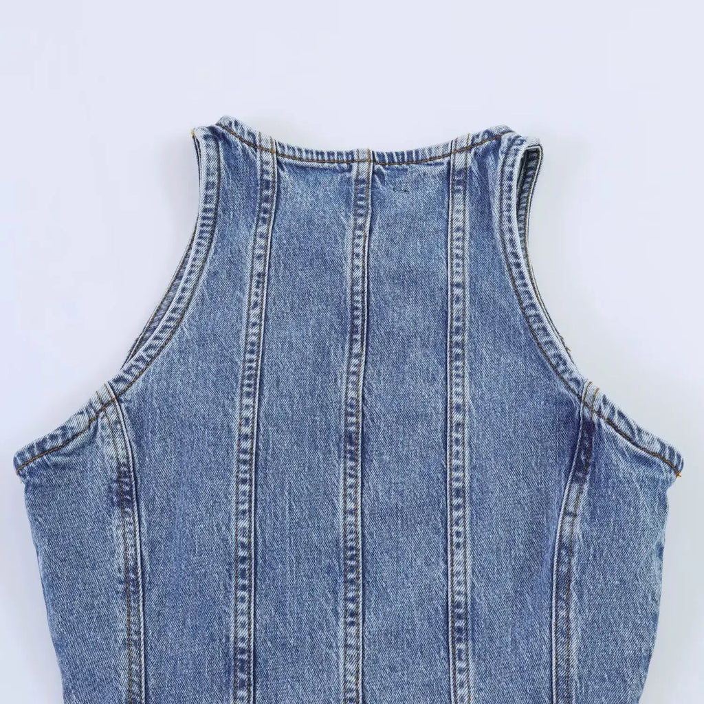 Casual Denim Mini Dress For Women Sleeveless Round Collar Single Breasted Slim Fit