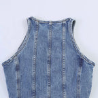 Casual Denim Mini Dress For Women Sleeveless Round Collar Single Breasted Slim Fit