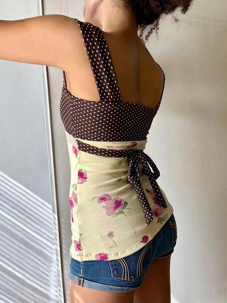 Patchwork Polka Dot Lace Camis Top With Square Collar Floral