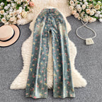 Floral Dream Denim Pants With Wide Leg Silhouette And High Waist