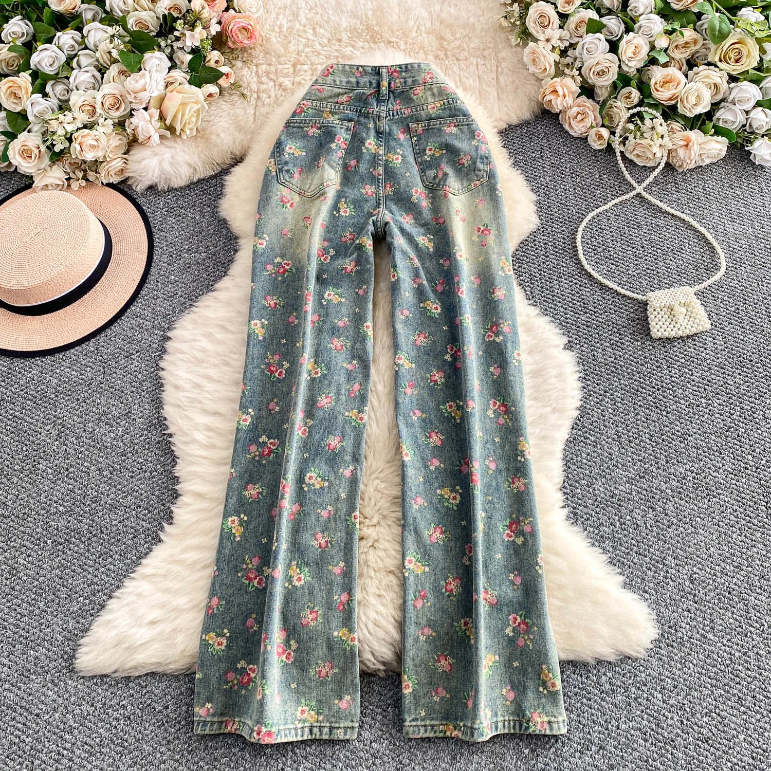 Floral Dream Denim Pants With Wide Leg Silhouette And High Waist