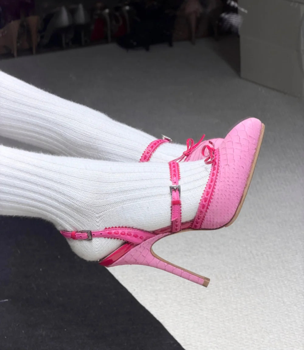 Vivid Pink Pointed Toe Pumps With Bow Strap Croc Embossed Detail