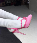Vivid Pink Pointed Toe Pumps With Bow Strap Croc Embossed Detail
