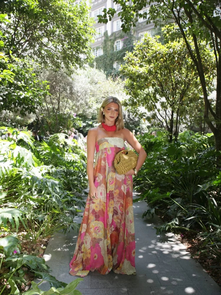 Printed Strapless Maxi Dress Elegant Off Shoulder Backless Gown High Waist