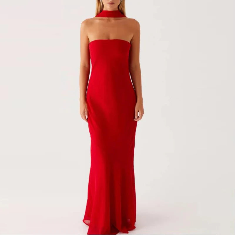 Floral Tube Maxi Dress With Scarf Strapless Backless Mesh Bodycon Sundress