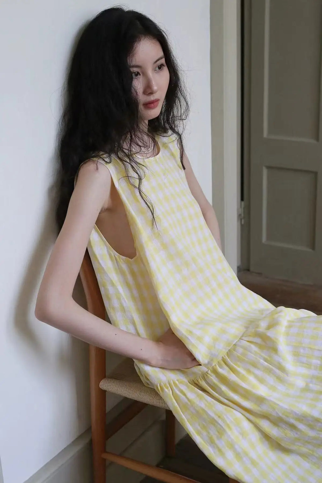 Sunny Plaid Cotton Dress Sleeveless Round Neck Vacation Dress