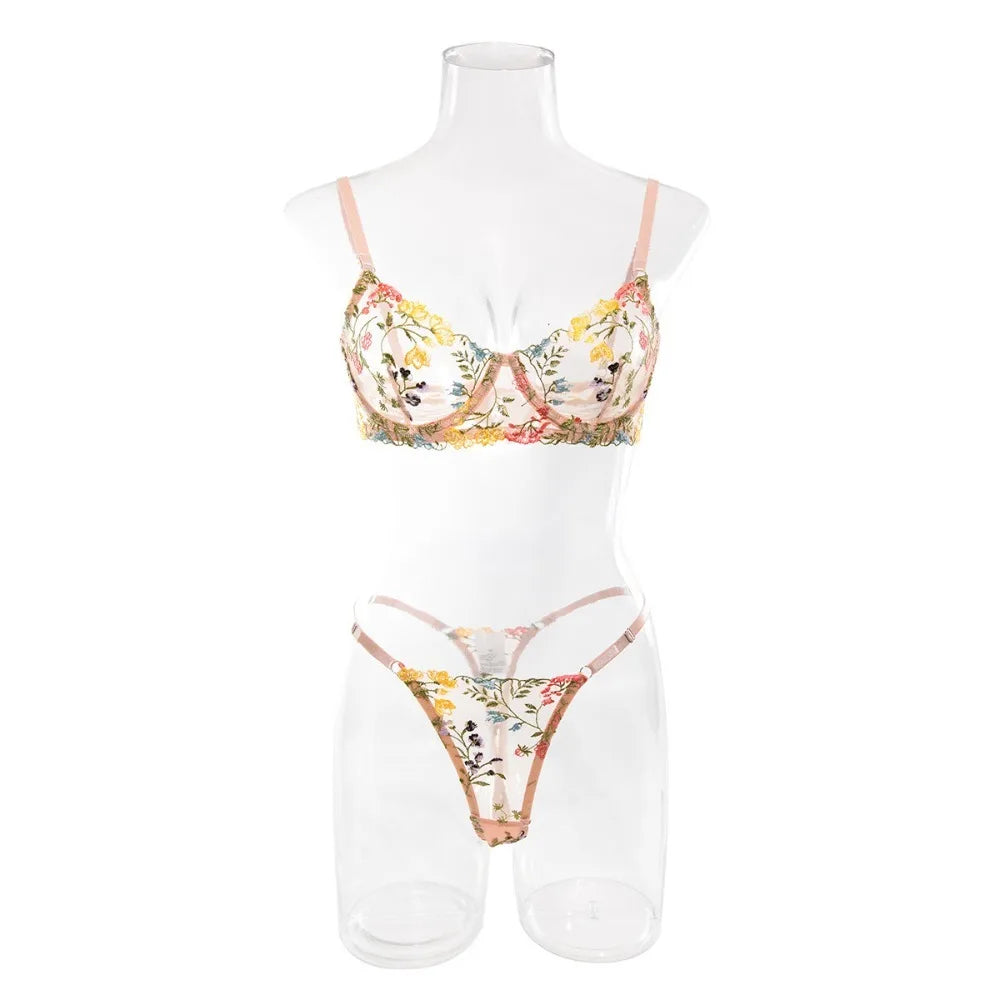 Floral Sheer Embroidery Lingerie Set With Underwire Push Up Bra And Panty Two Piece