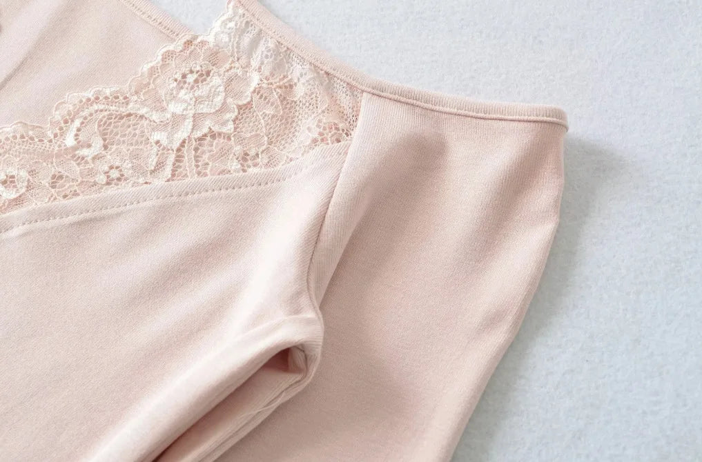 Soft Cotton Long Sleeve Lace Trim V Neck Top Feminine Style