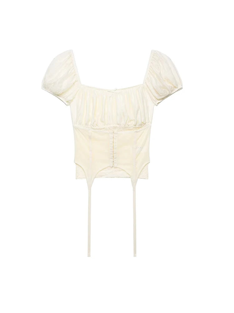 Female Slim Fit Square Neck Puff Sleeve Lace Ruched Corset Waist Short Blouse