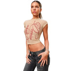 Letter Print O Neck Tee For Women Crop Top With Short Sleeves Navel Exposed Summer Street Style