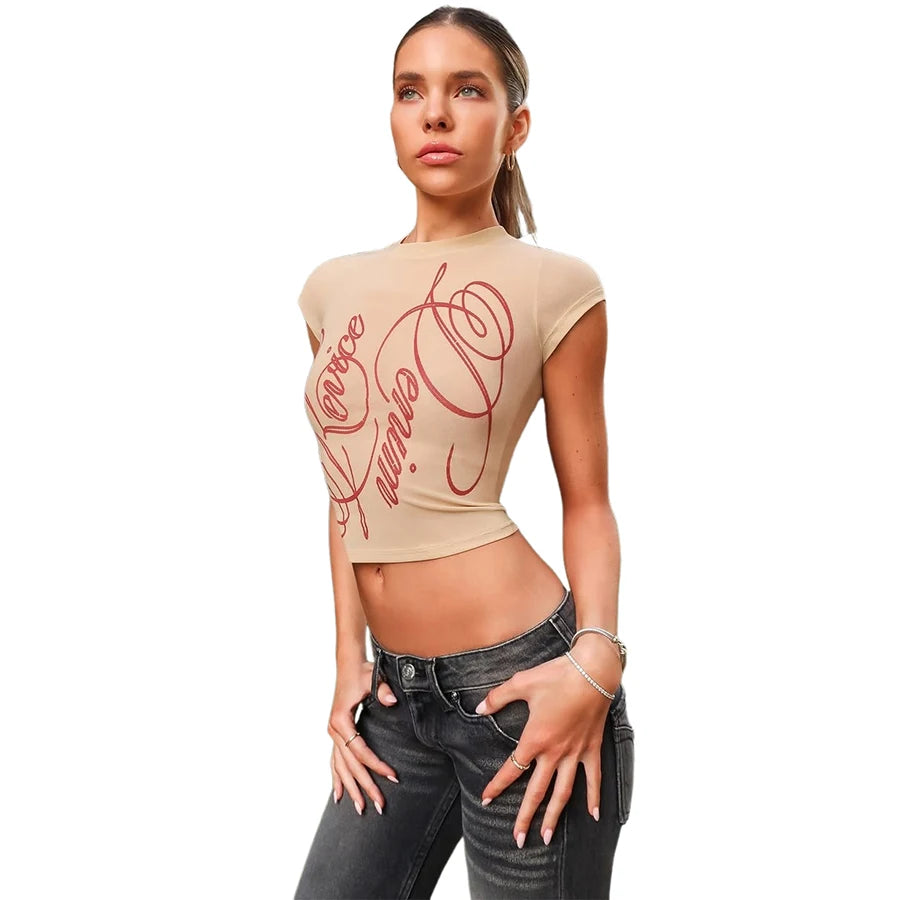 Letter Print O Neck Tee For Women Crop Top With Short Sleeves Navel Exposed Summer Street Style
