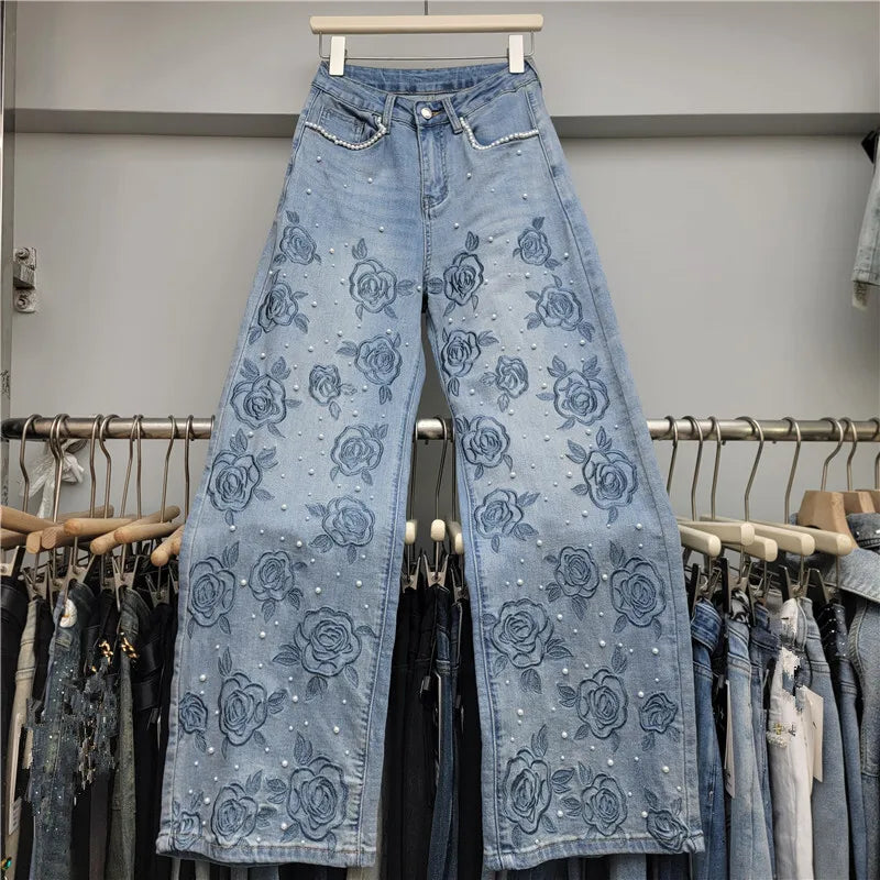 Beaded Embroidered Denim Wide Leg Jeans For Women With Vintage Style And Elegant Flair