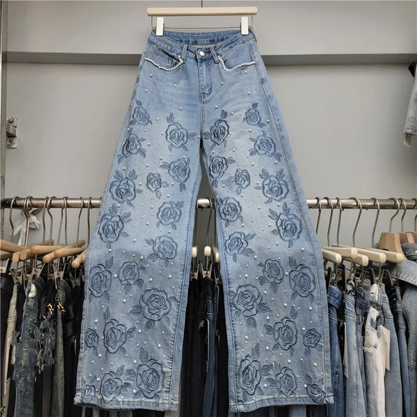 Beaded Embroidered Denim Wide Leg Jeans For Women With Vintage Style And Elegant Flair