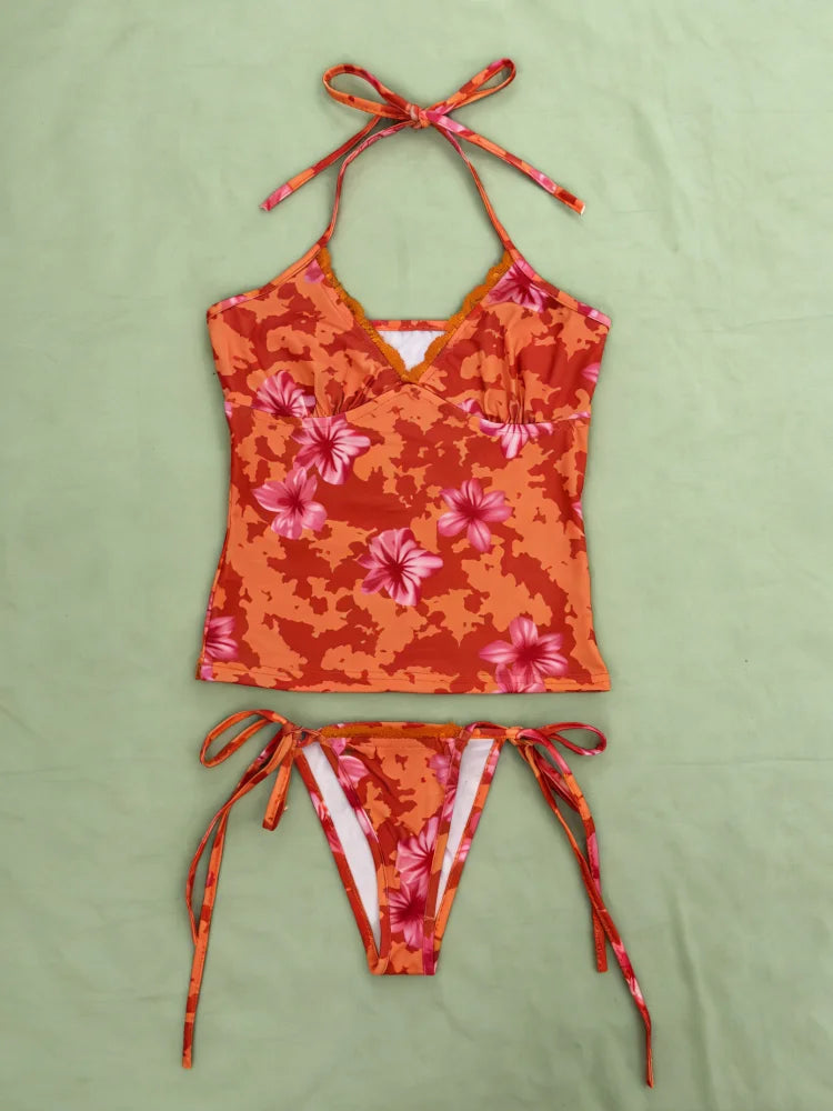 Orange Embellished Tropical Flower Print Two Piece Bikini Set With Lace Trim Halter Neck Tie Side