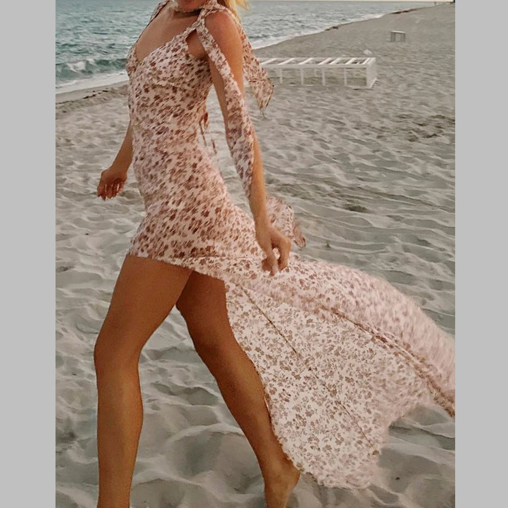 Flirty Florals Halter Maxi Dress With High Slit Backless Tie Neck And Scarf