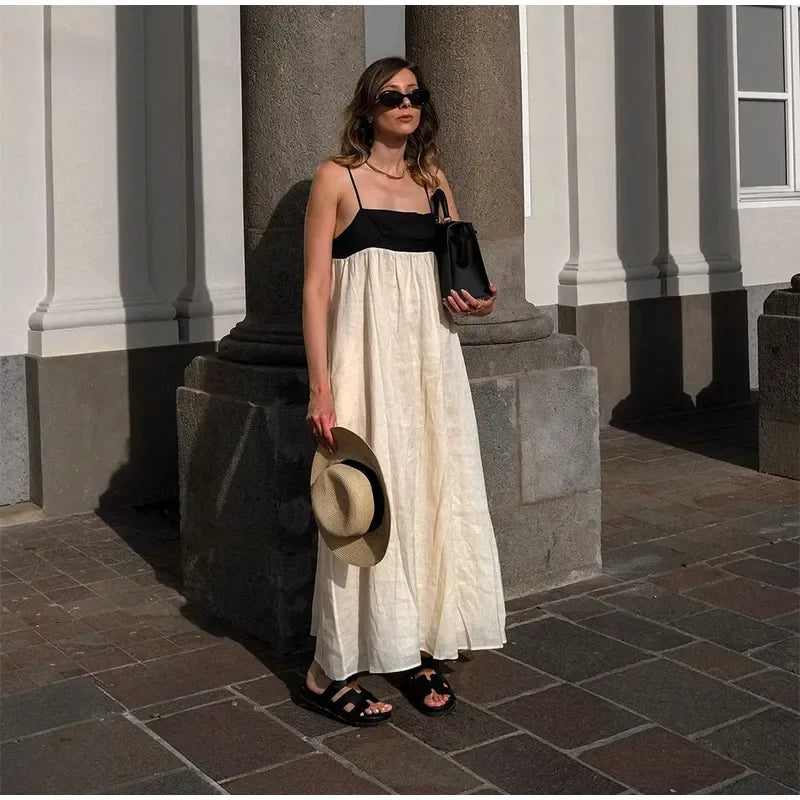 Contrast Splicing Loose Sling Long Women Square Collar Sleeveless Backless High Waist Dress
